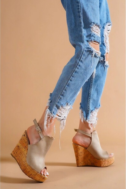 Kadın Arkası Açık Dolgu Topuklu Ayakkabı Athena  Ten Süet  4