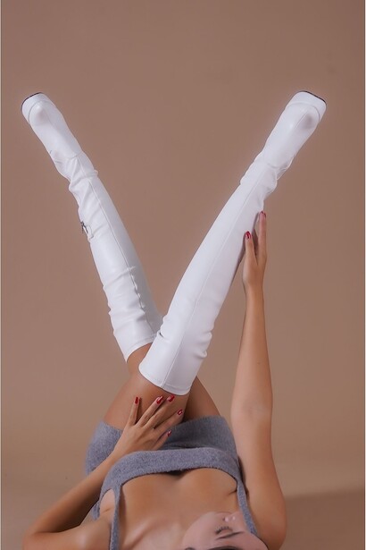 Kadın Dolgu Topuk Diz Üstü Streç Çizme Blood  Beyaz Cilt  6