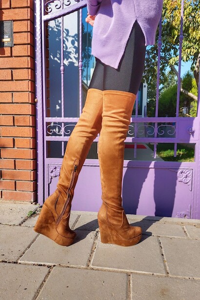 Kadın Dolgu Topuk Diz Üstü Streç Çizme Blood 