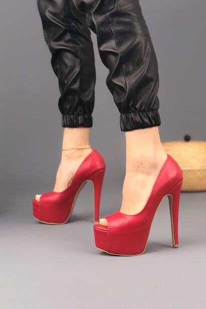 Kadın İnce Yüksek Topuklu Platform Ayakkabı Chico Kırmızı Cilt 4