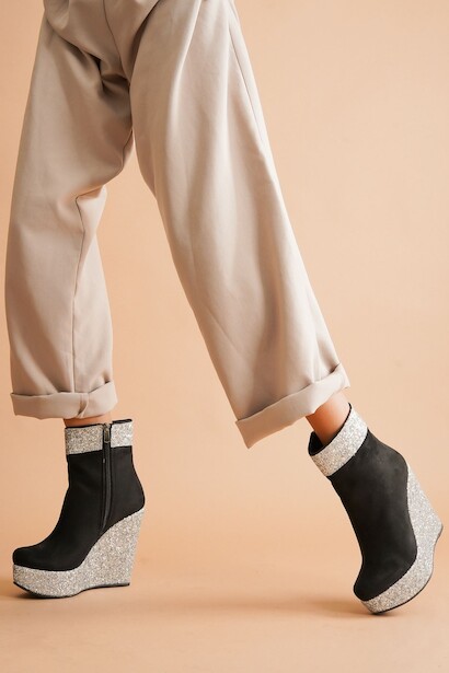 Kadın Dolgu Topuk Fermuarlı Bot Daina  Gümüş;siyah 4