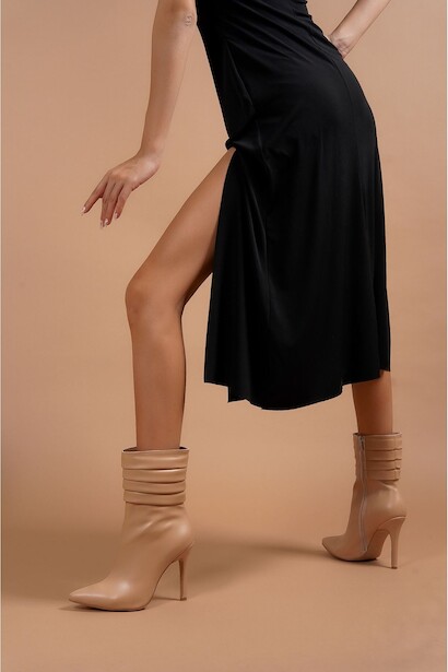 Kadın Pileli İnce Topuk Bot Diamond  Nude Cilt 4