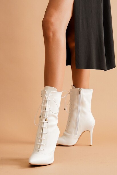 Kadın Bağcıklı İnce Topuklu Uzun Bot Edge  Beyaz Cilt  4