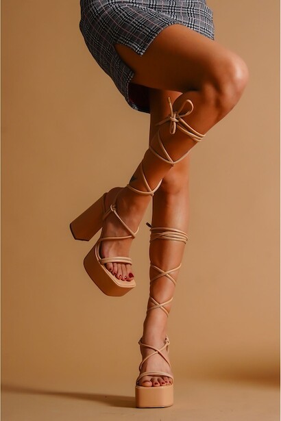 Kadın Biyeli Tasarım Platform Kalın Topuklu Ayakkabı Harper Nude Cilt 4