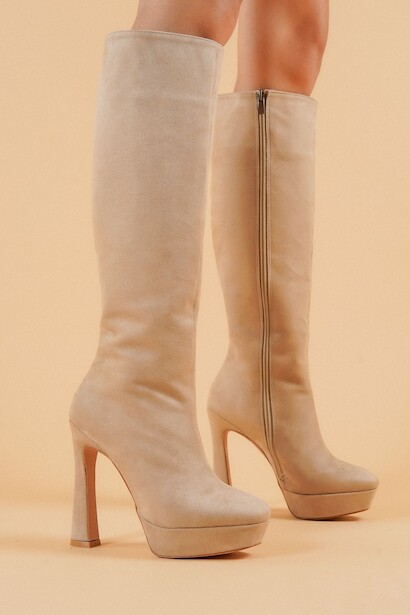 Kadın Yüksek Topuk Diz Altı Çizme Lilys  Ten Süet  4