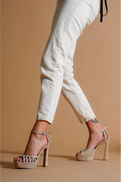 Kadın Taş Detaylı Alçak Platform Tasarım Ayakkabı Melanie Ten Süet  4