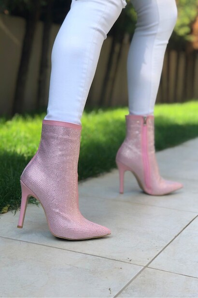 Kadın Taş Baskılı Sivri Bot Patters Pembe  2