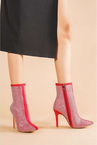 Kadın Taş Baskılı Sivri Bot Patters  Kırmızı 4