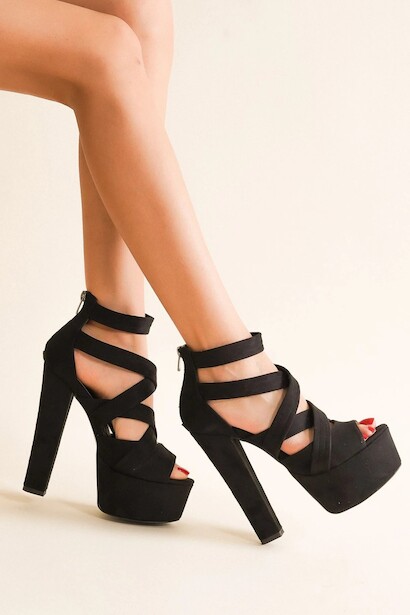 Kadın Kalın Topuklu Platform Ayakkabı Peri  Siyah Süet 4