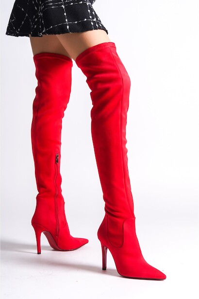 Kadın Yarım Fermuar Diz Üstü Streç Çizme Anjelika  Kırmızı Süet