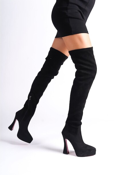 Kadın Sivri Burun Platform Diz Üstü Streç Çizme Cora  Siyah Süet 4