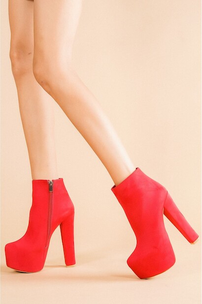 Kadın Yüksek Topuk Platform Bot Punta  Kırmızı Süet 4