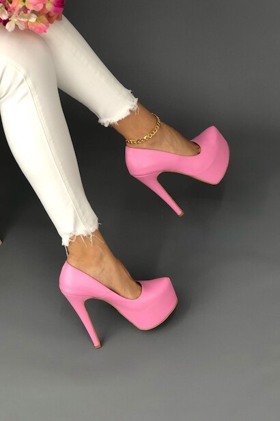Kadın İnce Topuklu Platform Ayakkabı Ribbon  Pembe Cilt  4
