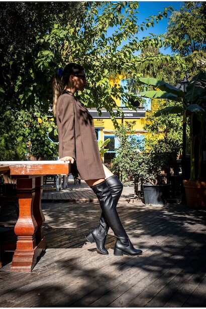 Kadın Kısa Kalın Topuklu Diz Üstü Streç Çizme Mirage  Siyah Cilt 4