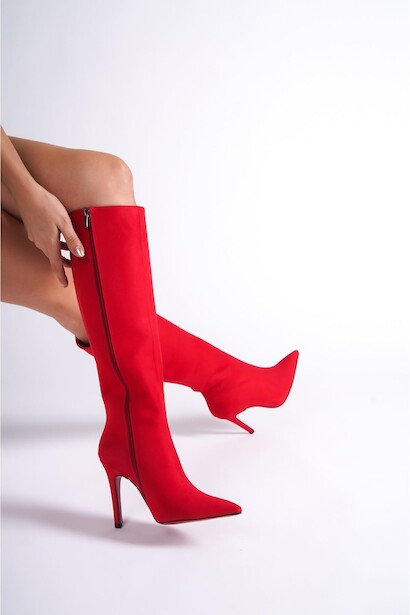 Kadın Sivri Burun Yüksek Topuklu Diz Altı Çizme Limbo  Kırmızı Süet 4