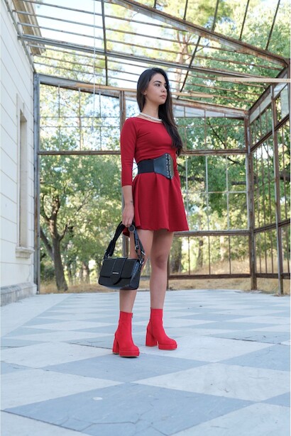 Kadın Kalın Topuk Platformlu Bot Layana  Kırmızı Süet 4