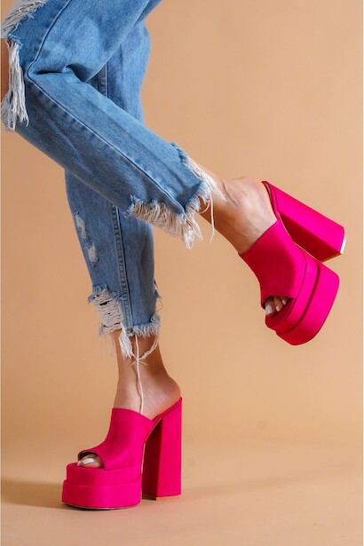 Kadın Çift Platform Özel Tasarım Terlik İctoria  Fuşya Süet 4