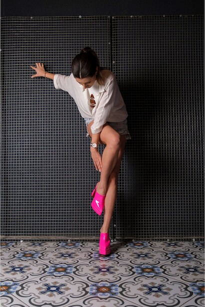 Kadın Çift Platform Tasarım Burnu Kapalı Yüksek Topuklu Terlik Sortie  Fuşya Rugan  6