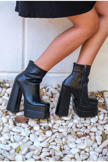 Vega Suni Deri Kare Burun Çift Platform Kalın Topuklu Kadın Bot Siyah Cilt 4