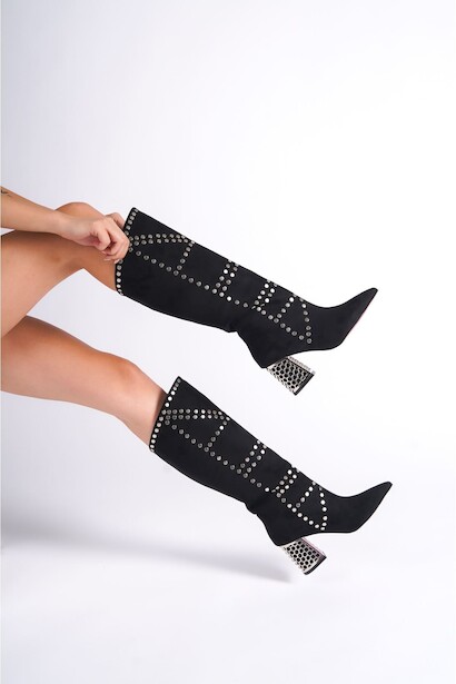 Kadın Zımbalı Tasarım Kısa Topuklu Çizme Lotus Siyah Süet 4