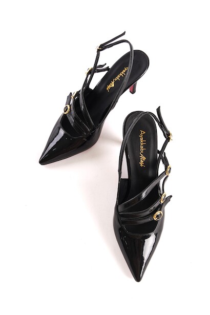 Kadın Üç Bant Tokalı Kısa Topuklu Ayakkabı Royal Siyah Rugan  4