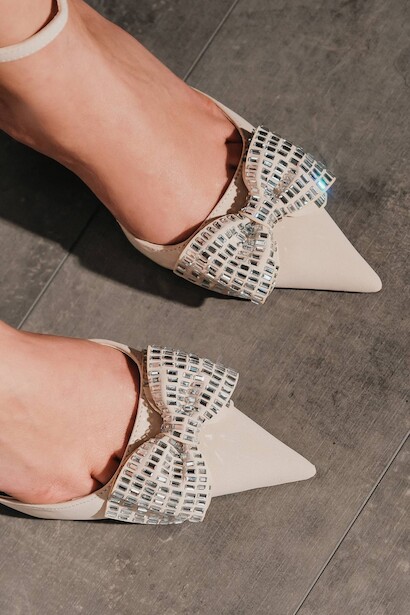 Kadın Taş Papyonlu İnce Topuklu Ayakkabı Poril  Bej 4