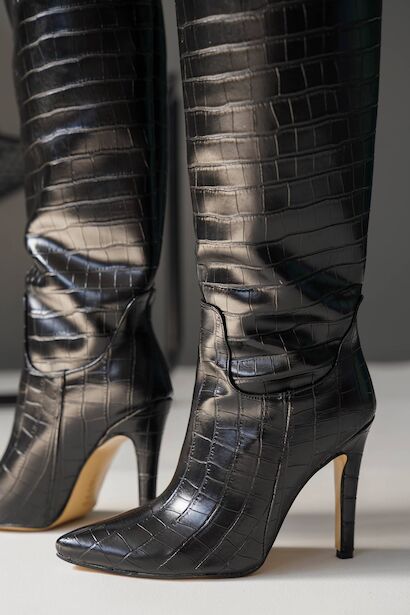 Kadın Sivri Burun Fermuarsız Çizme Balian  Siyah Krokodil 4