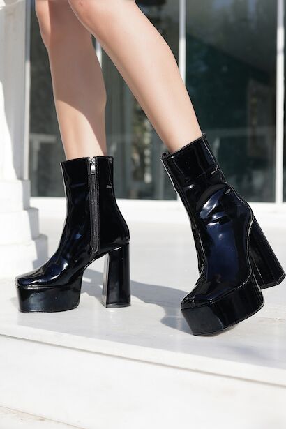 Kadın Kalın Topuk Yüksek Bot Getz  Siyah Rugan