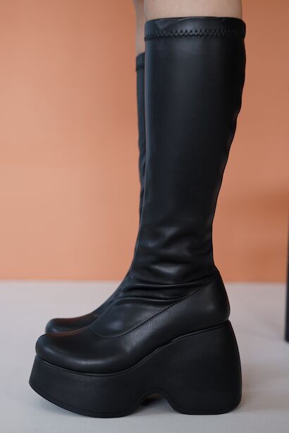 Kadın Dolgu Topuk Streç Diz Altı Çizme Veral  Siyah Cilt 4
