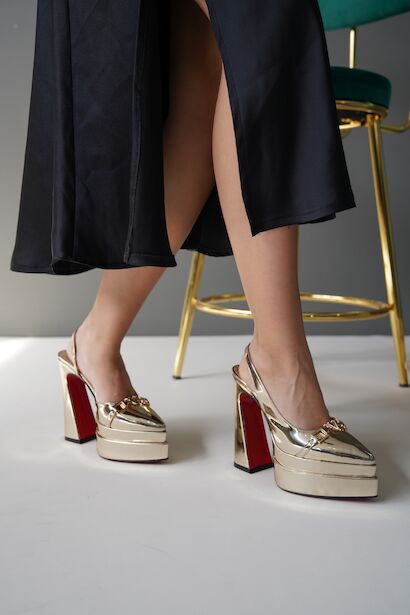 Kadın Çift Platform Tasarım Arka Açık Yüksek Topuklu Ayakkabı Pacha  Altın Ayna  6