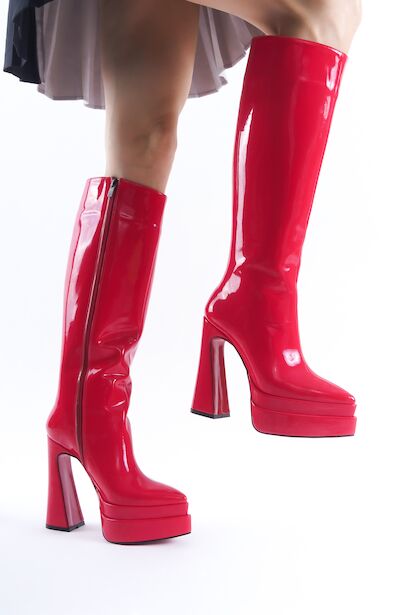 Kadın Çift Platform Yüksek Topuklu Çizme Jolly  Kırmızı Rugan 4