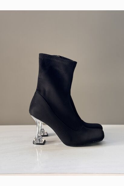 Siyah Süet Streç Şeffaf Topuk Kadın Bot 