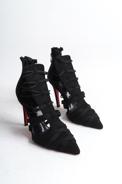 Kadın Sivri Burun Bağcıklı Topuklu Ayakkabı Long Siyah Süet  4