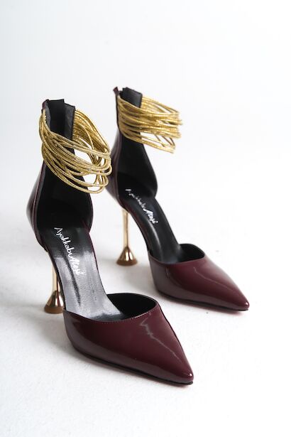 Kadın Gold Biye Detay Tasarım Topuklu Ayakkabı Coni  Bordo 4