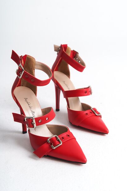 Kadın İnce Topuklu Tokalı Ayakkabı Stiletto Sansa Kırmızı Cilt