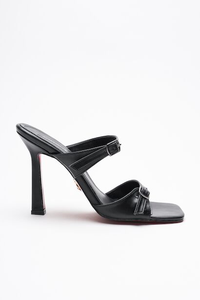 Kadın Çift Bant Tokalı Topuklu Terlik Rona  Siyah Cilt