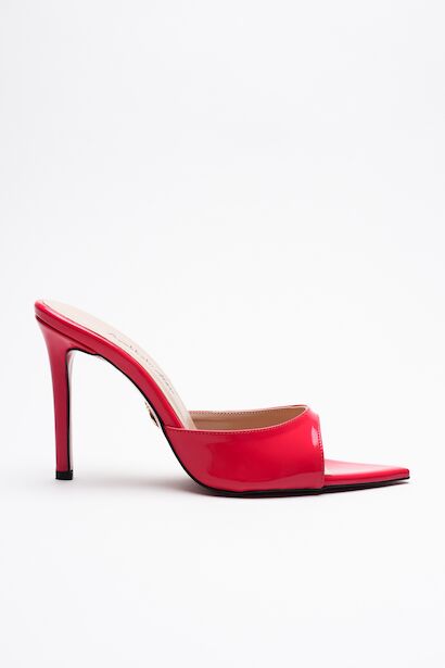 Kadın Sivri Burun İnce Topuklu Terlik Sona  Kırmızı Rugan
