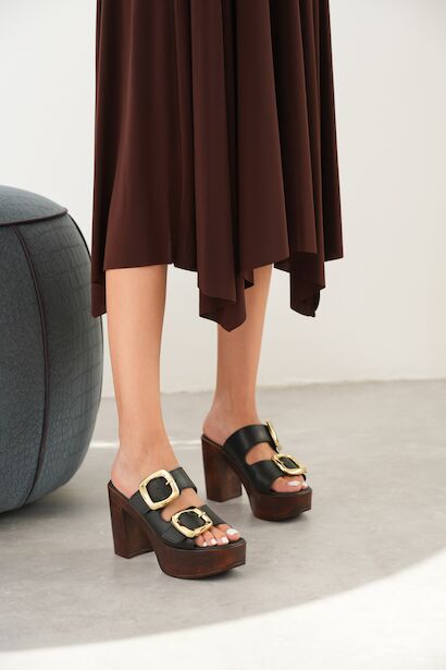 Kadın Mantar Taban İki Bant Tokalı Topuklu Terlik Case  Siyah Cilt 6