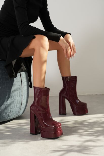 Kadın Çift Platform Kalın Topuk Bot Vega  Bordo Rugan 6