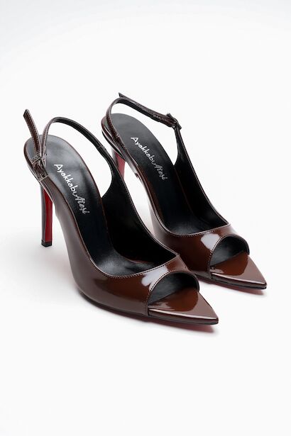 Kadın Burun Arka Açık İnce Topuklu Ayakkabı Acare  Kahverengi Rugan