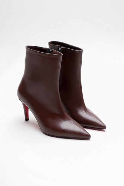 Kadın Kısa Topuklu Sivri Burun Bot Deco  Kahverengi Cilt