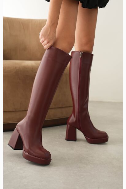 Kadın Kalın Topuk Platform Çizme Ulrika  Bordo Cilt 6