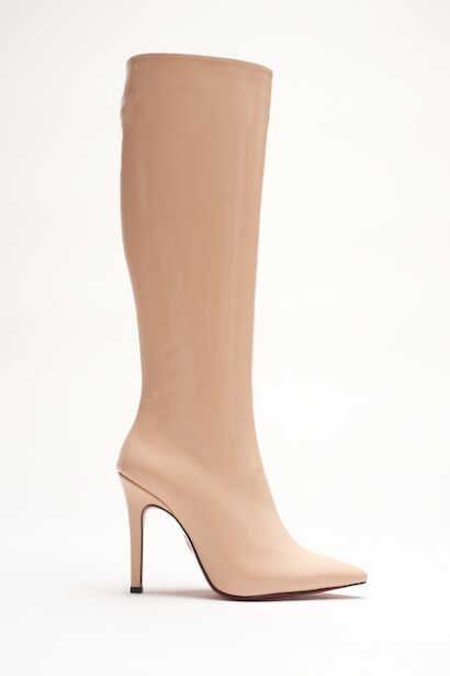 Kadın Sivri Burun Yüksek Topuklu Diz Altı Çizme Limbo  Nude Rugan