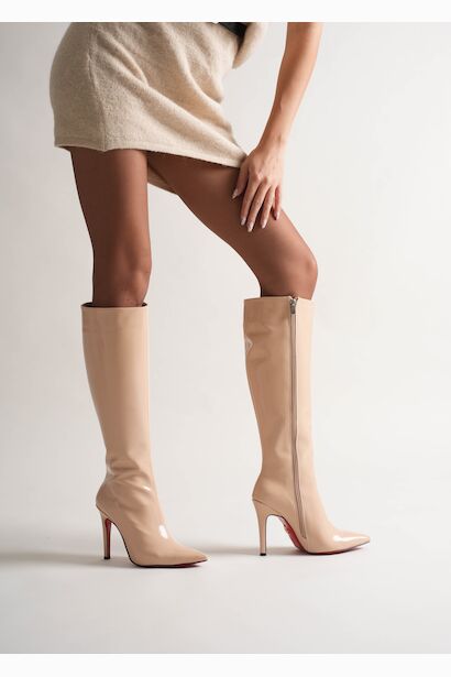 Kadın Sivri Burun Yüksek Topuklu Diz Altı Çizme Limbo  Nude Rugan 6