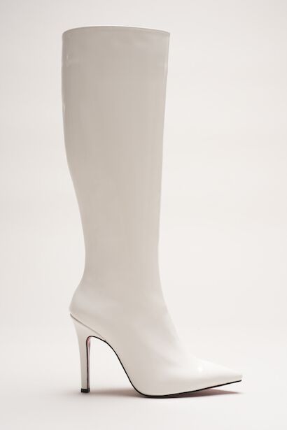 Kadın Sivri Burun Yüksek Topuklu Diz Altı Çizme Limbo  Beyaz Rugan 