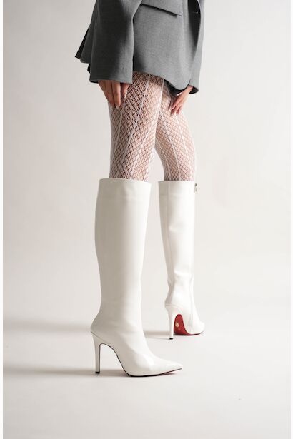Kadın Sivri Burun Yüksek Topuklu Diz Altı Çizme Limbo  Beyaz Rugan  6