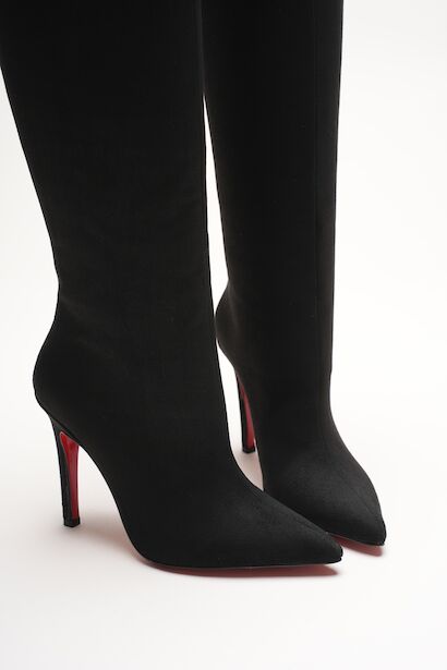 Kadın Sivri Burun Fermuarsız İnce Topuklu Diz Altı Çizme Monias  Siyah Süet 6