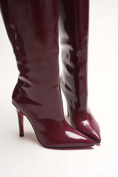 Kadın Sivri Burun Fermuarsız İnce Topuklu Diz Altı Çizme Monias  Bordo Rugan 6