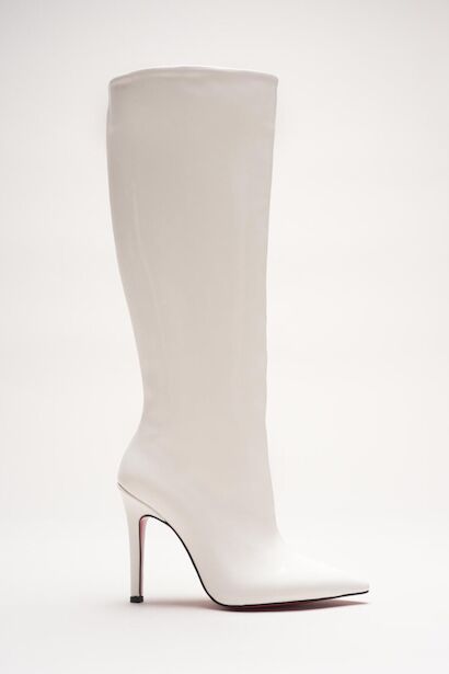 Kadın Sivri Burun Fermuarsız İnce Topuklu Diz Altı Çizme Monias  Beyaz Rugan 