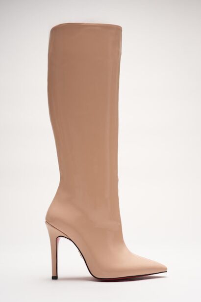 Kadın Sivri Burun Fermuarsız İnce Topuklu Diz Altı Çizme Monias  Nude Rugan